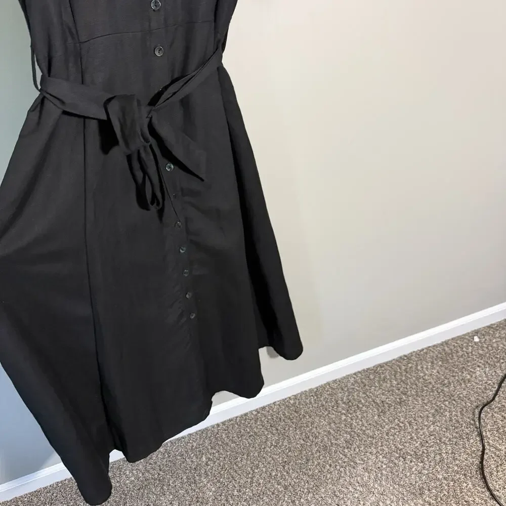 Coldwater Creek Black Linen Maxi Dress Button Front Collared Belt 14 A-line NEW - Picture 3 of 7